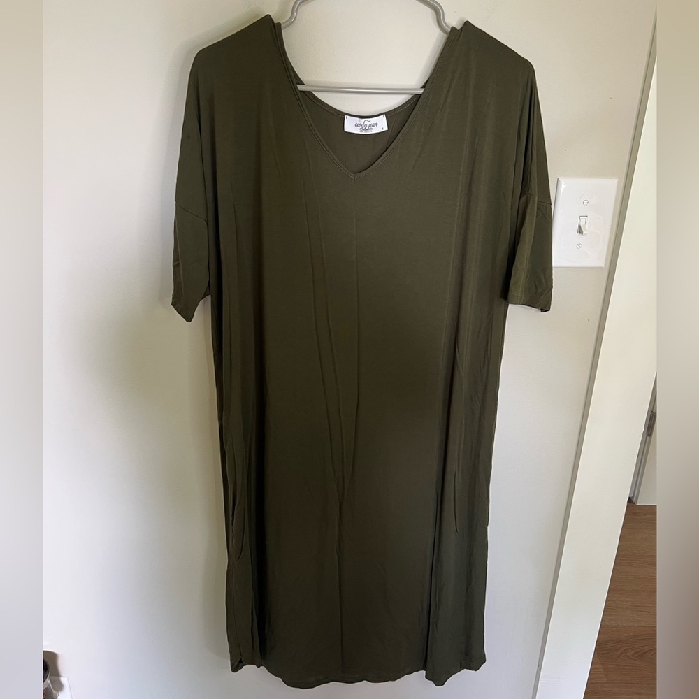 Carly Jean Olive Green V-Neck Midi Dress